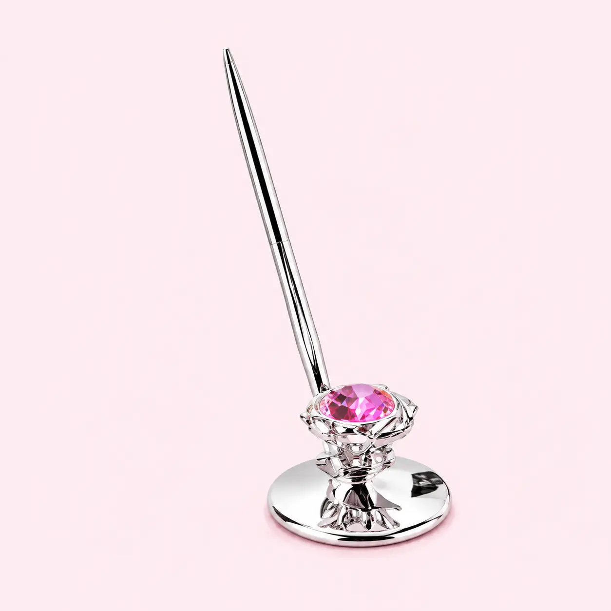 Pen Stand with Pink Stone | Silver Plated Decorative Pen Holder for Office Desk | Premium Corporate Gift