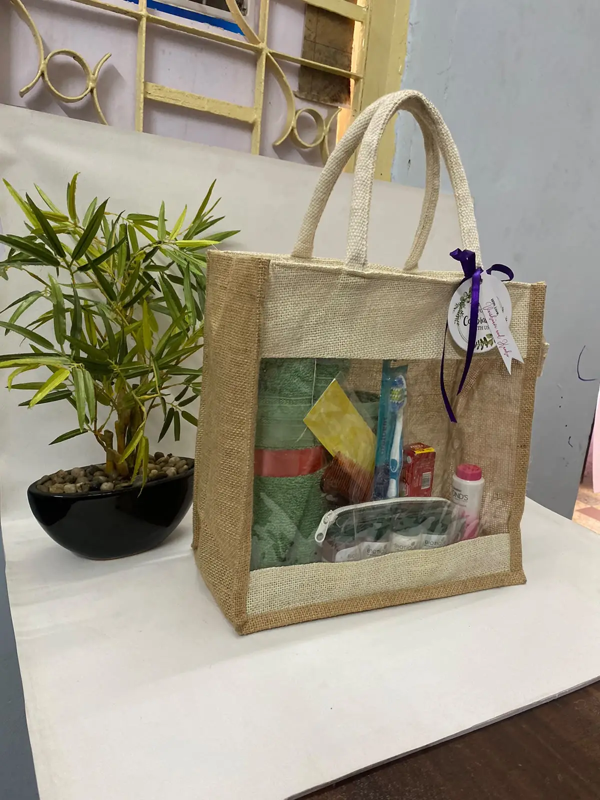 Eco-Friendly Jute Tote Bag with Transparent Pocket