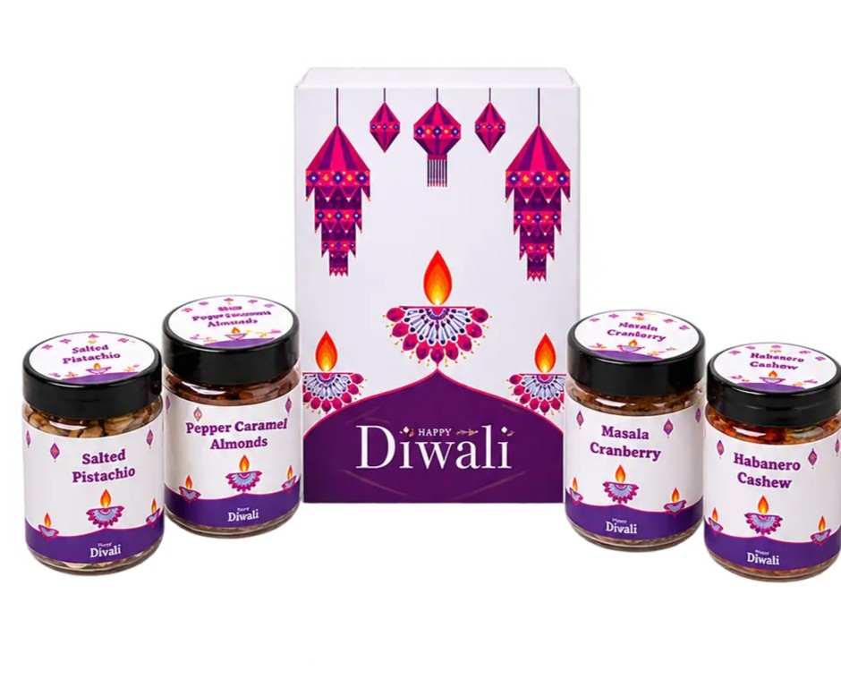 Noble Nibbles 4-Jar Diwali Assorted Nuts & Cranberry Gift Set – 400g